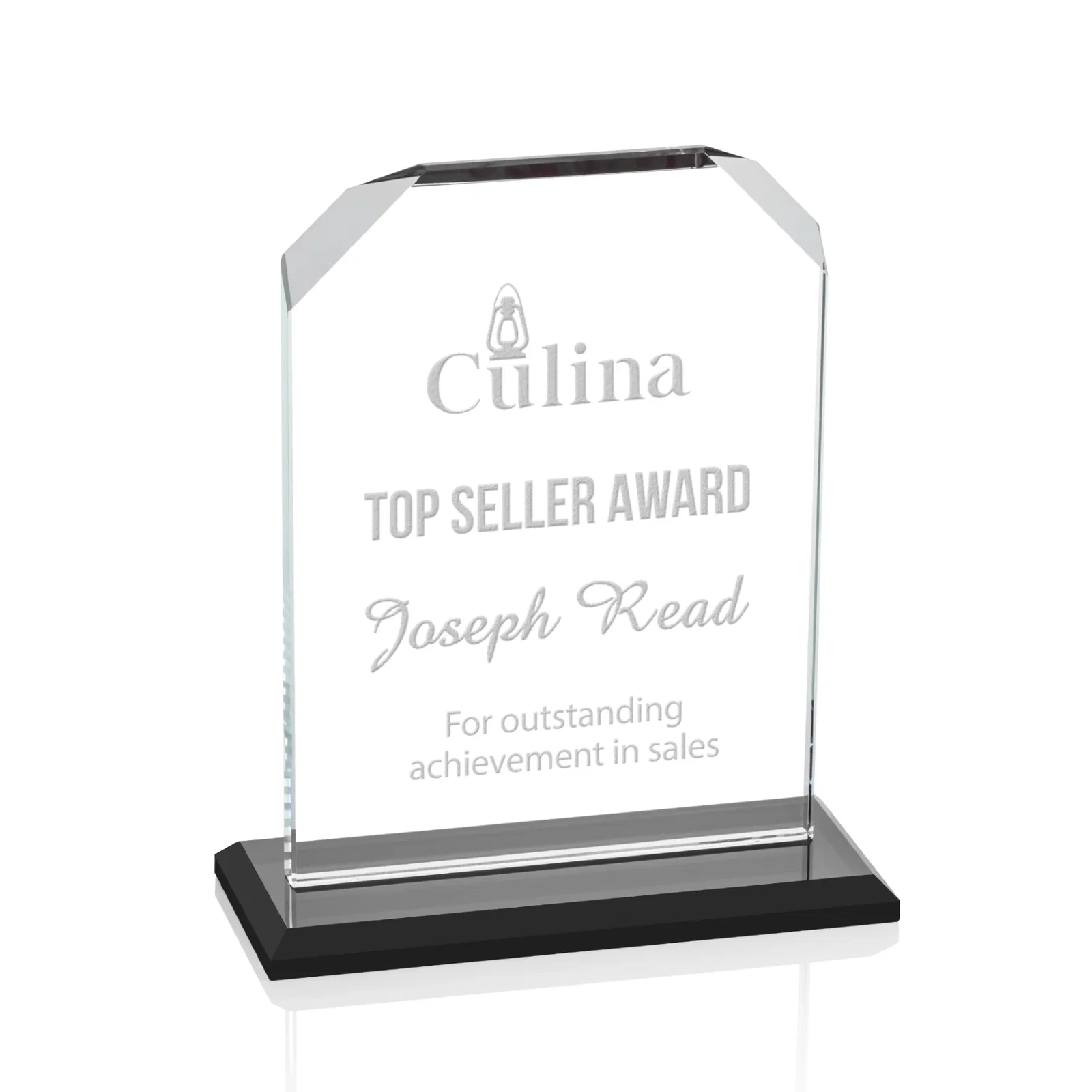 Personalized Starfire Crystal Award with White Base, Fixed 8 Inch Height, awards for team milestone celebrations