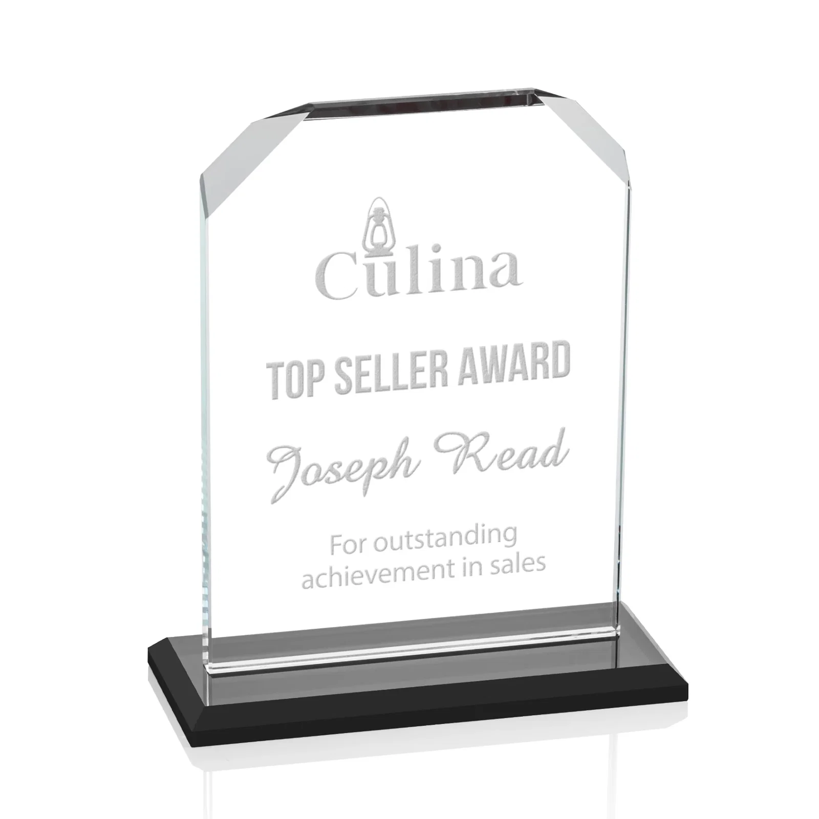 Personalized Starfire Crystal Award with White Base, Fixed 8 Inch Height, awards for donor appreciation
