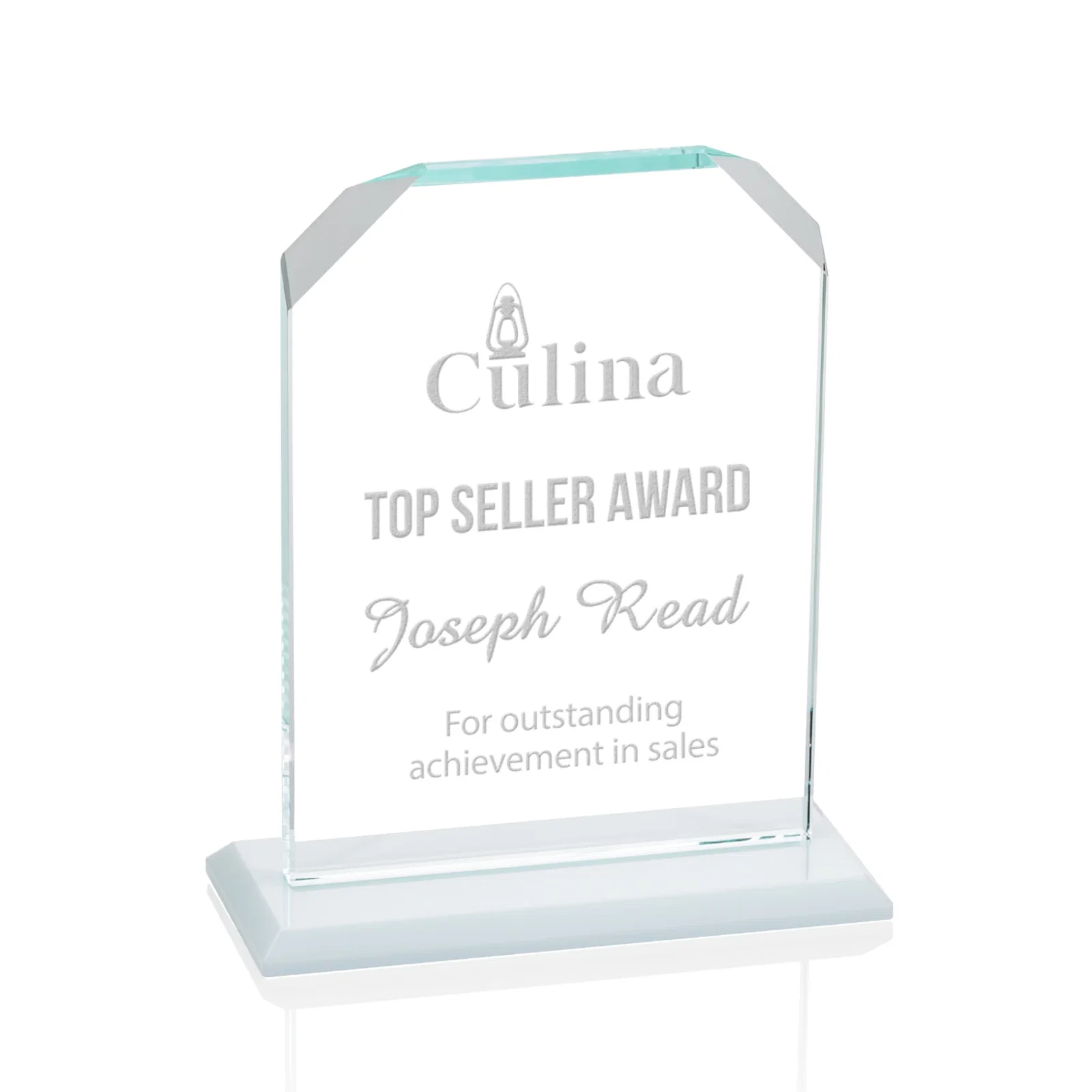 Custom Starfire Crystal Award with White Base, Fixed 8 Inch Height, awards for corporate award ceremonies