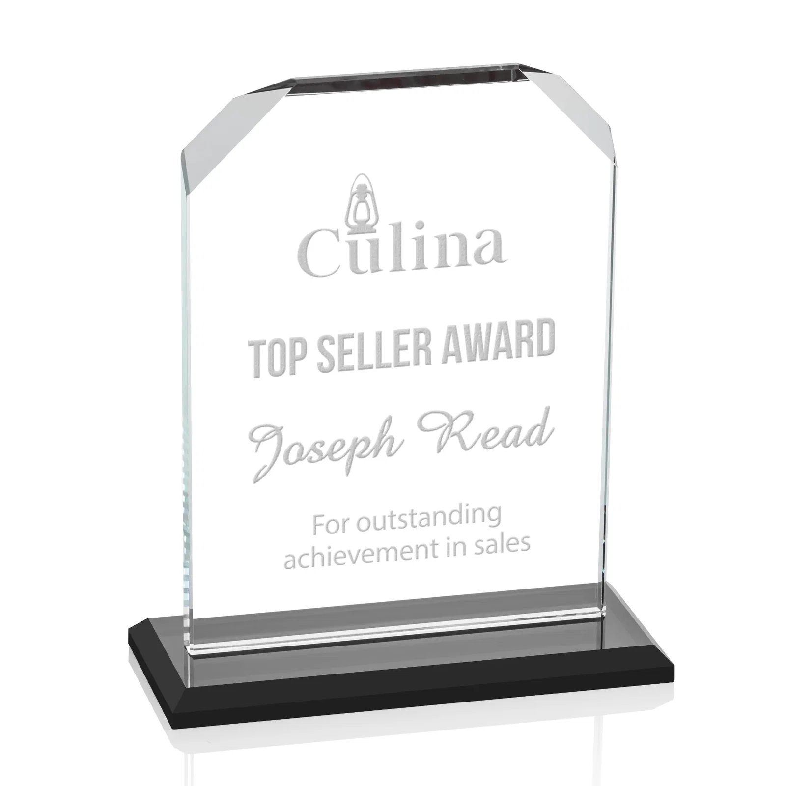 Personalized Starfire Crystal Award with White Base, Fixed 8 Inch Height, awards for graduation ceremonies