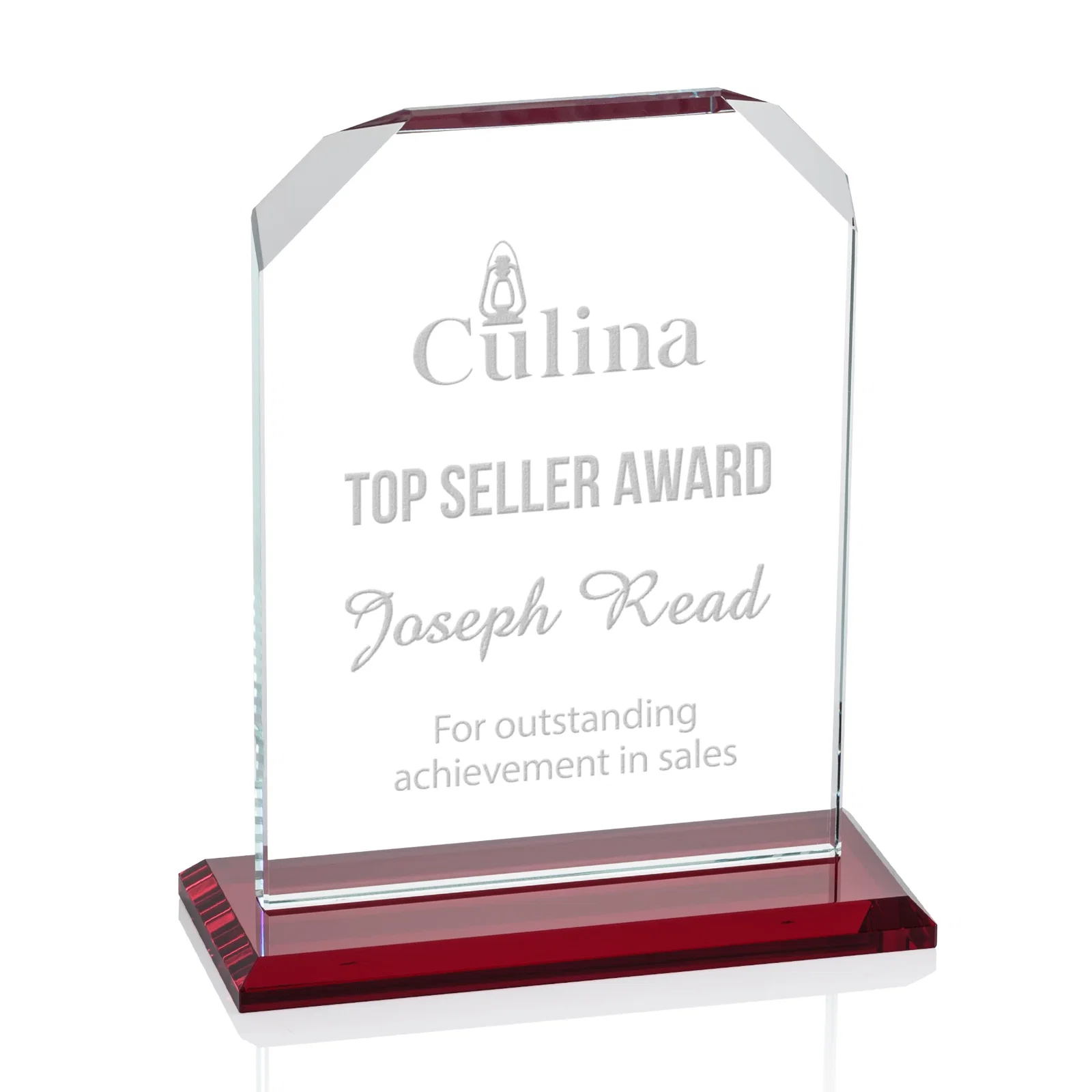 Personalized Starfire Crystal Award with White Base, Fixed 8 Inch Height, awards for company anniversary events