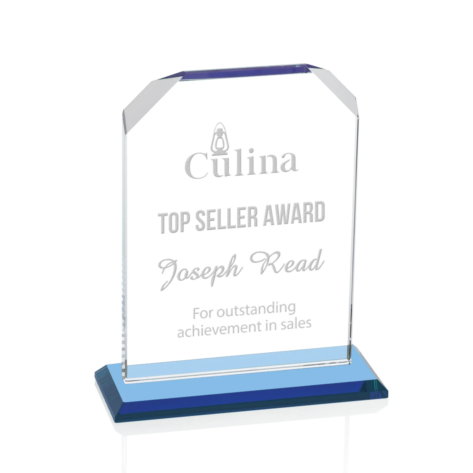 Promotional Starfire Crystal Award with White Base, Fixed 8 Inch Height, awards for corporate award ceremonies