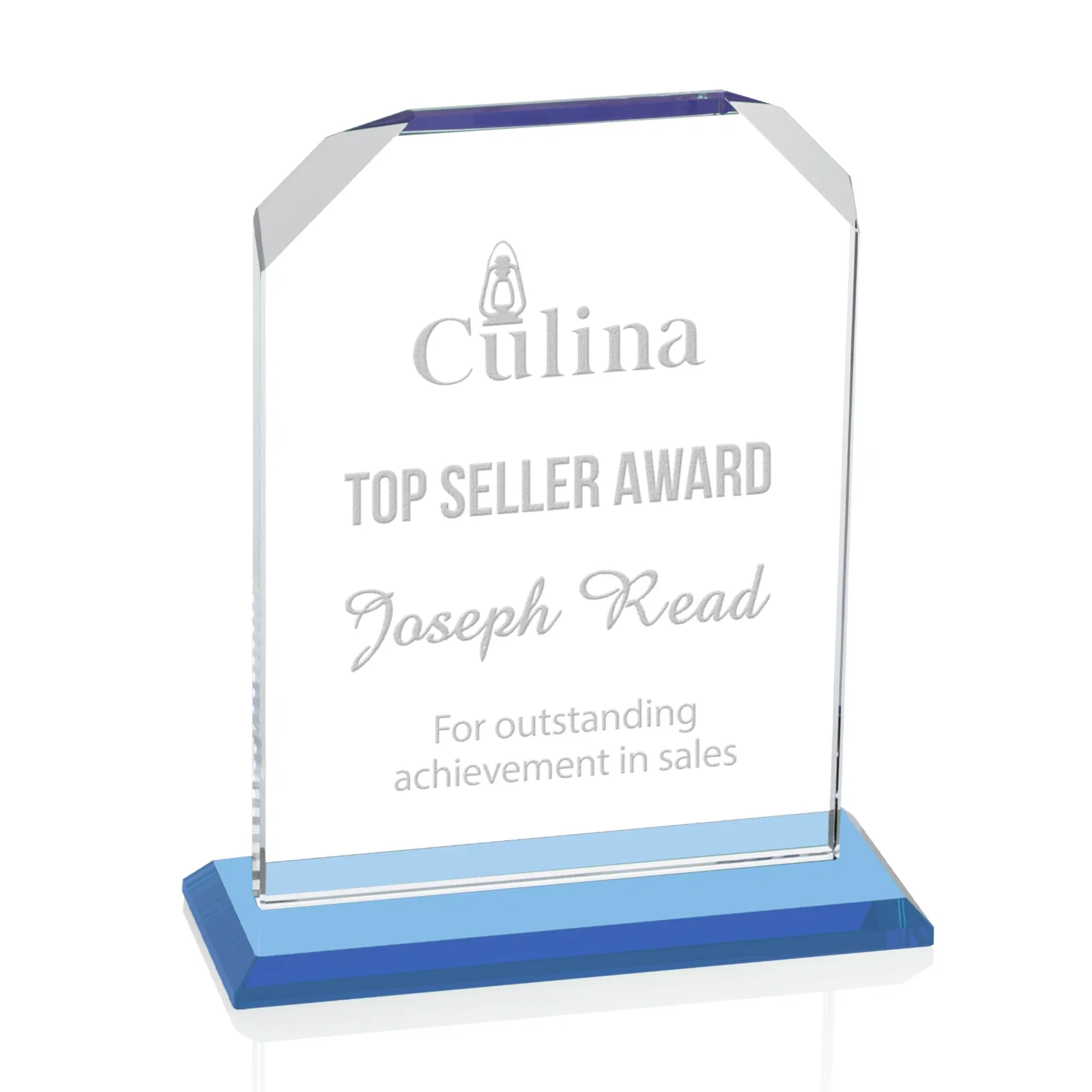 Promotional Starfire Crystal Award with White Base, Fixed 8 Inch Height, awards for sales achievement awards
