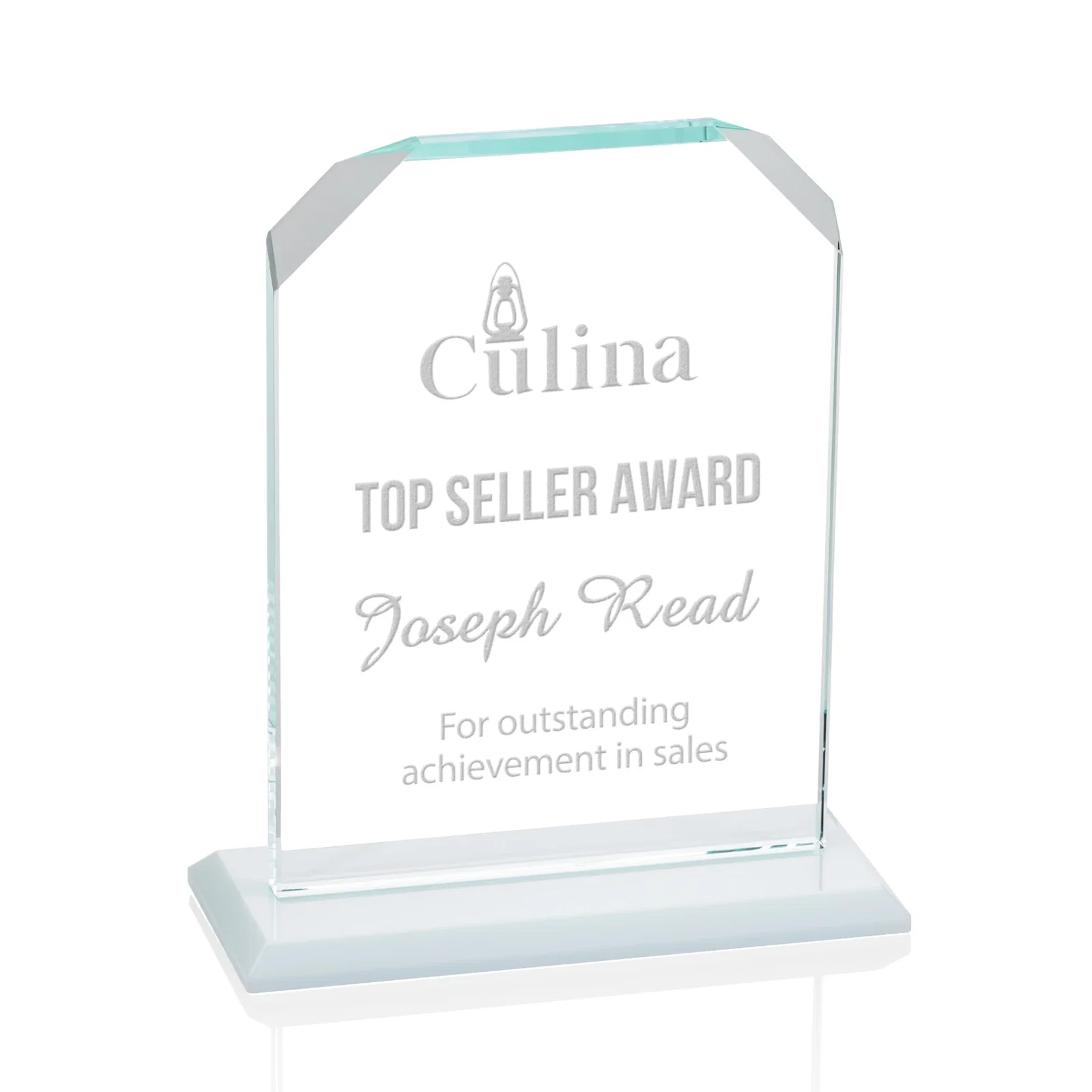 Custom Starfire Crystal Award with White Base, Fixed 8 Inch Height, awards for service anniversary gifts