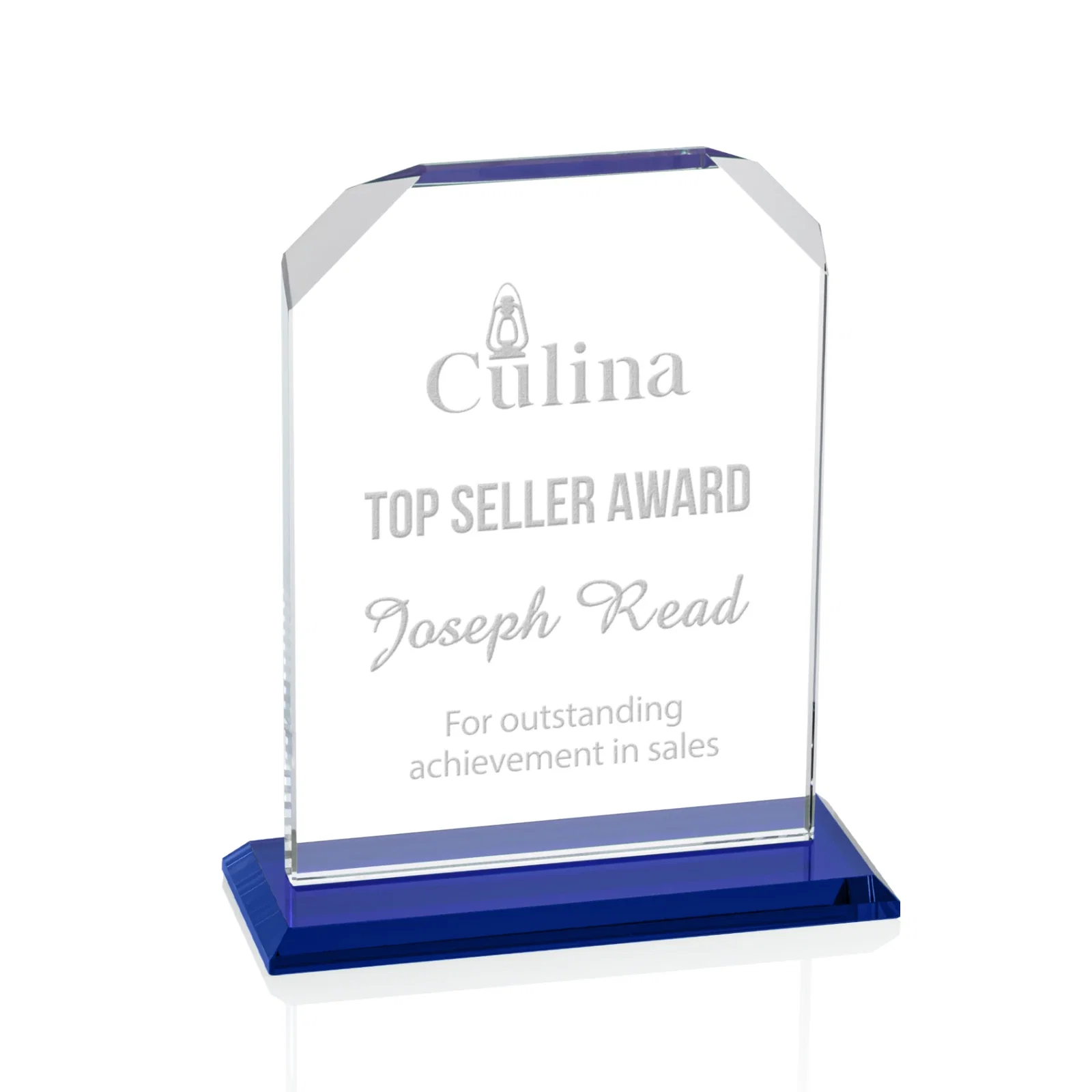 Promotional Starfire Crystal Award with White Base, Fixed 8 Inch Height, awards for team milestone celebrations