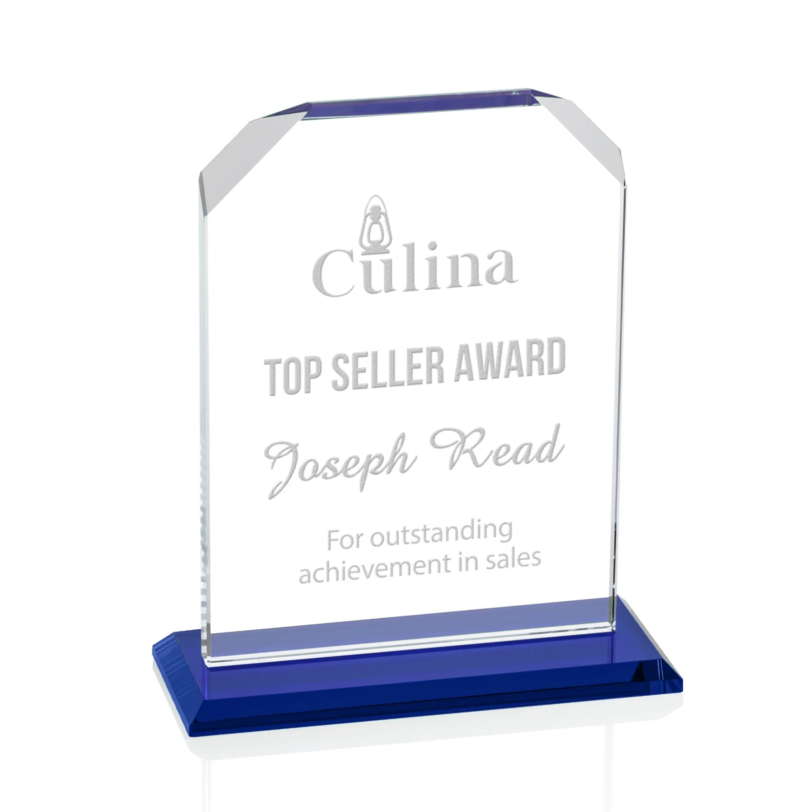 Promotional Starfire Crystal Award with White Base, Fixed 8 Inch Height, awards for donor appreciation