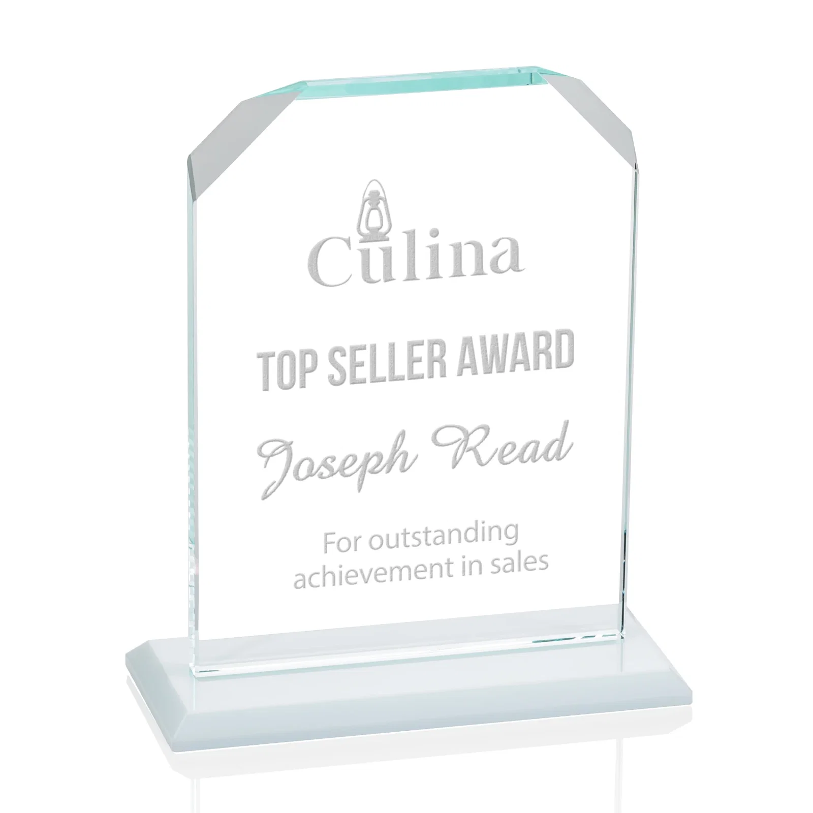 Custom Starfire Crystal Award with White Base, Fixed 8 Inch Height, awards for sales achievement awards