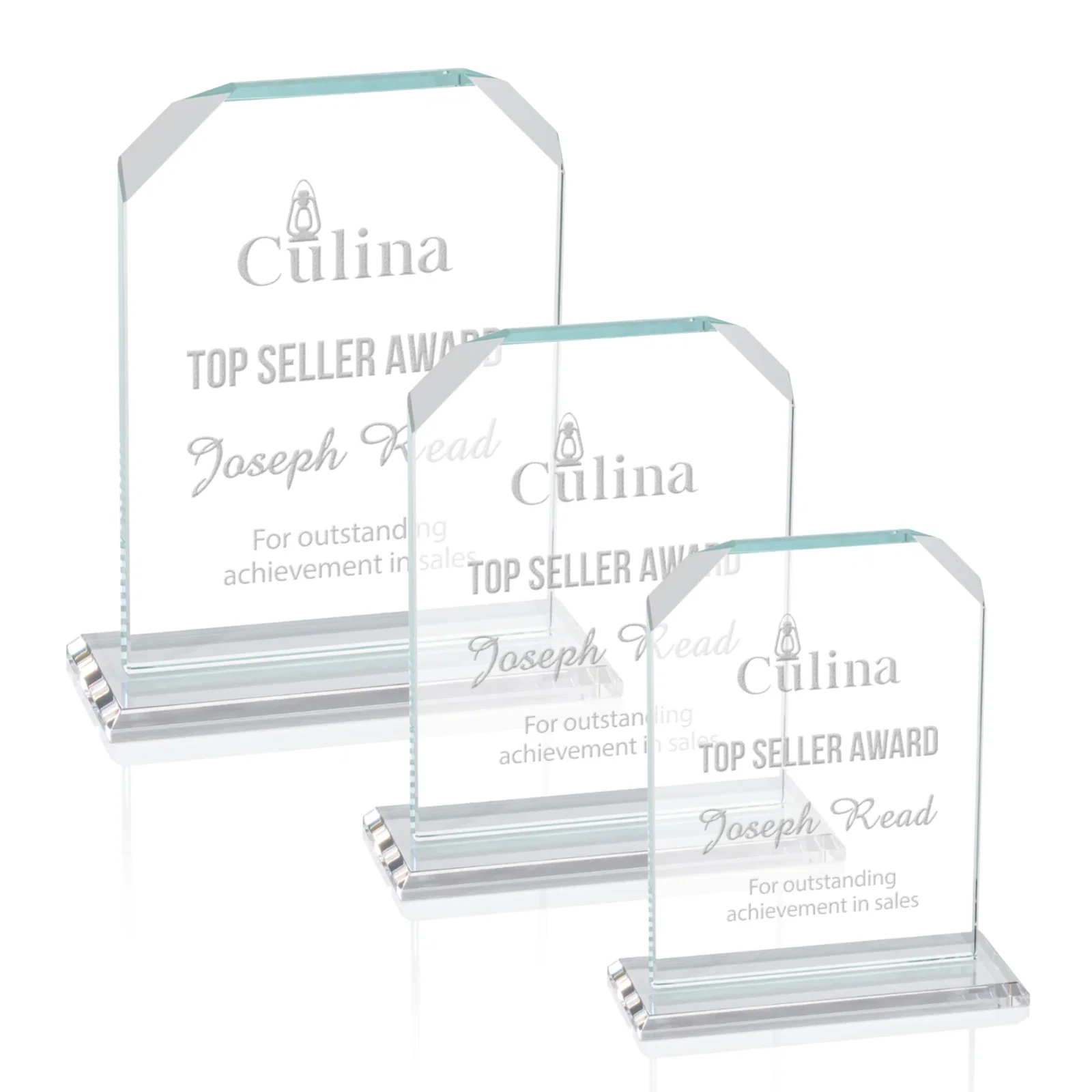 Custom Starfire Crystal Award with White Base, Fixed 8 Inch Height, awards for retirement presentations