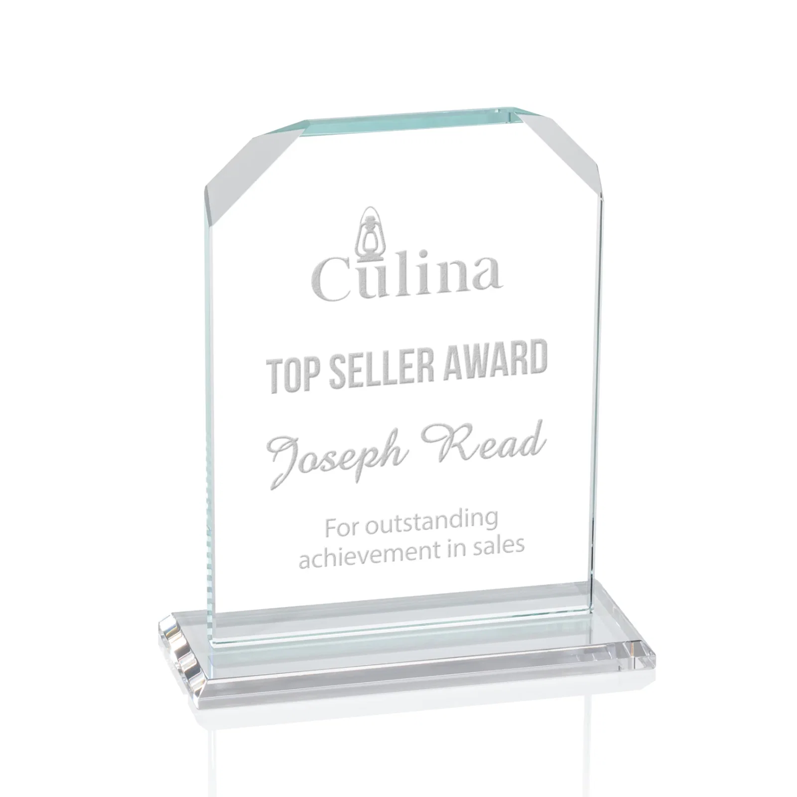 Custom Starfire Crystal Award with White Base, Fixed 8 Inch Height, awards for team milestone celebrations