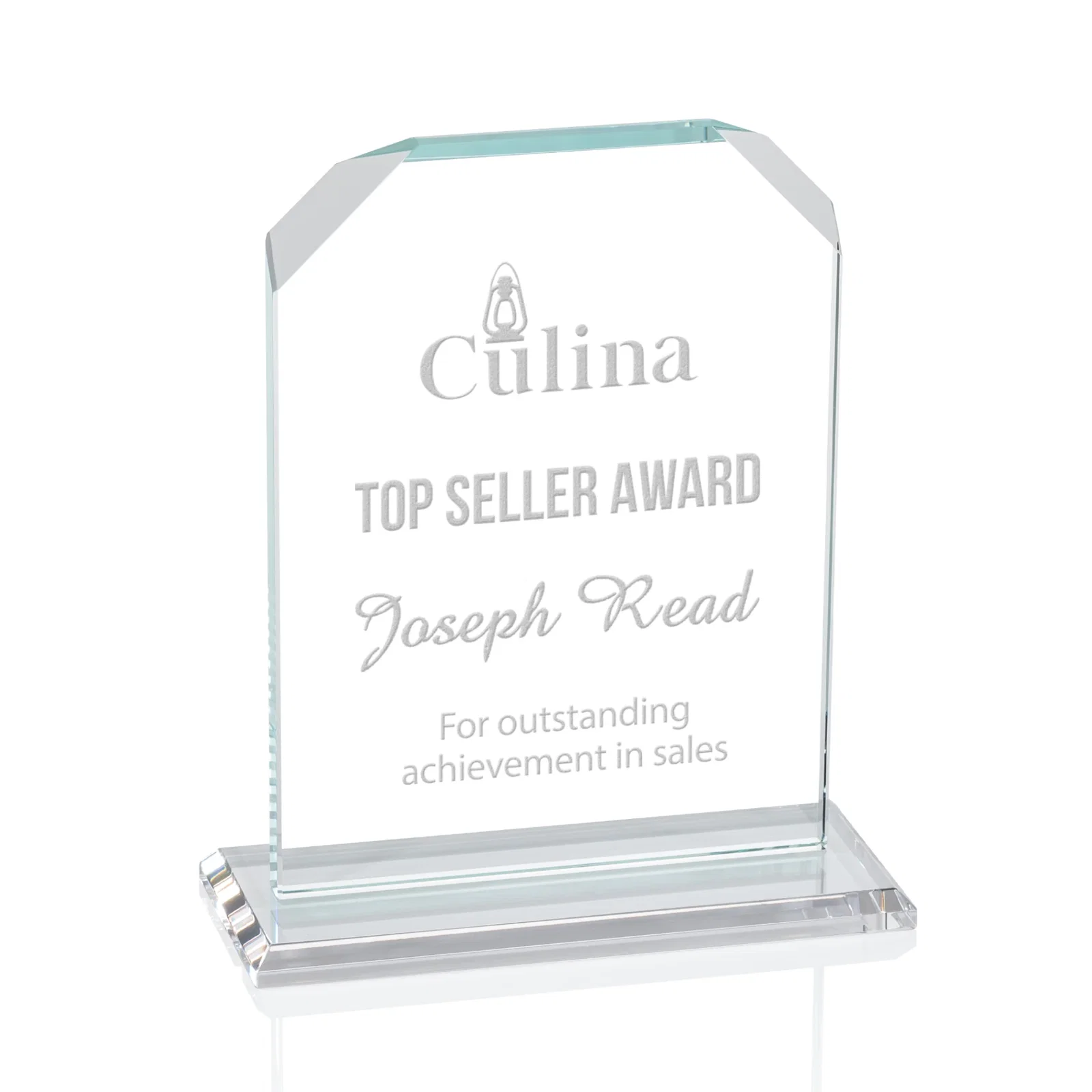 Custom Starfire Crystal Award with White Base, Fixed 8 Inch Height, awards for donor appreciation