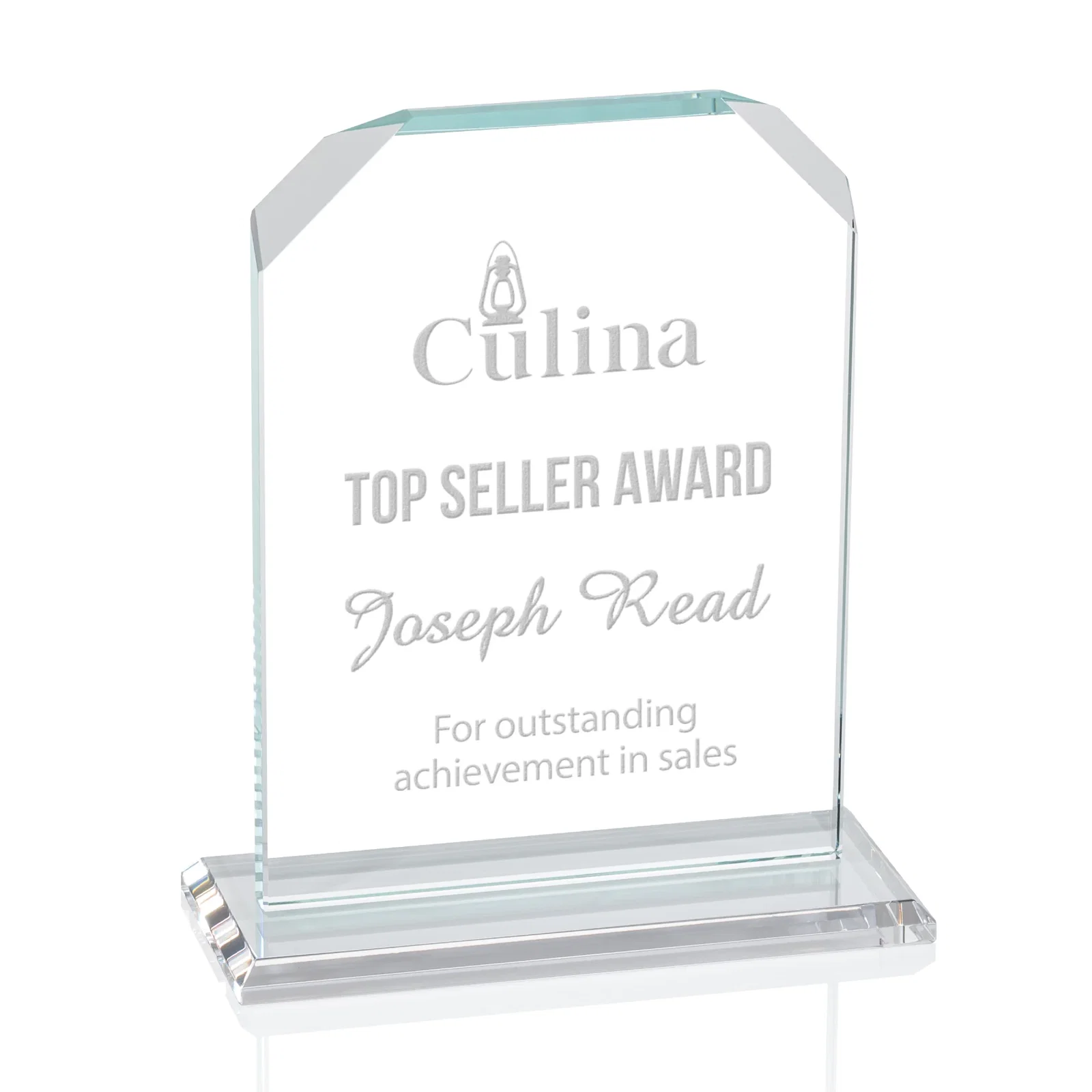 Custom Starfire Crystal Award with White Base, Fixed 8 Inch Height, awards for graduation ceremonies