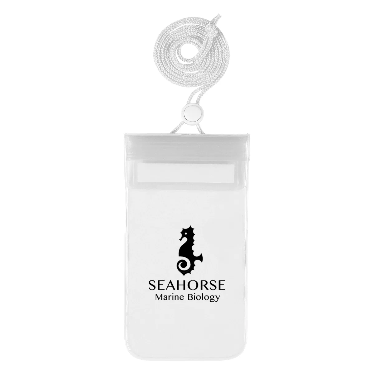Waterproof phone pouch hanging from its adjustable neck cord