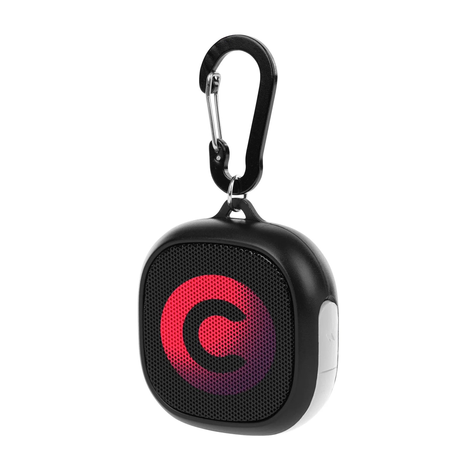 Waterproof speaker with a built-in carabiner clip, under three inches wide