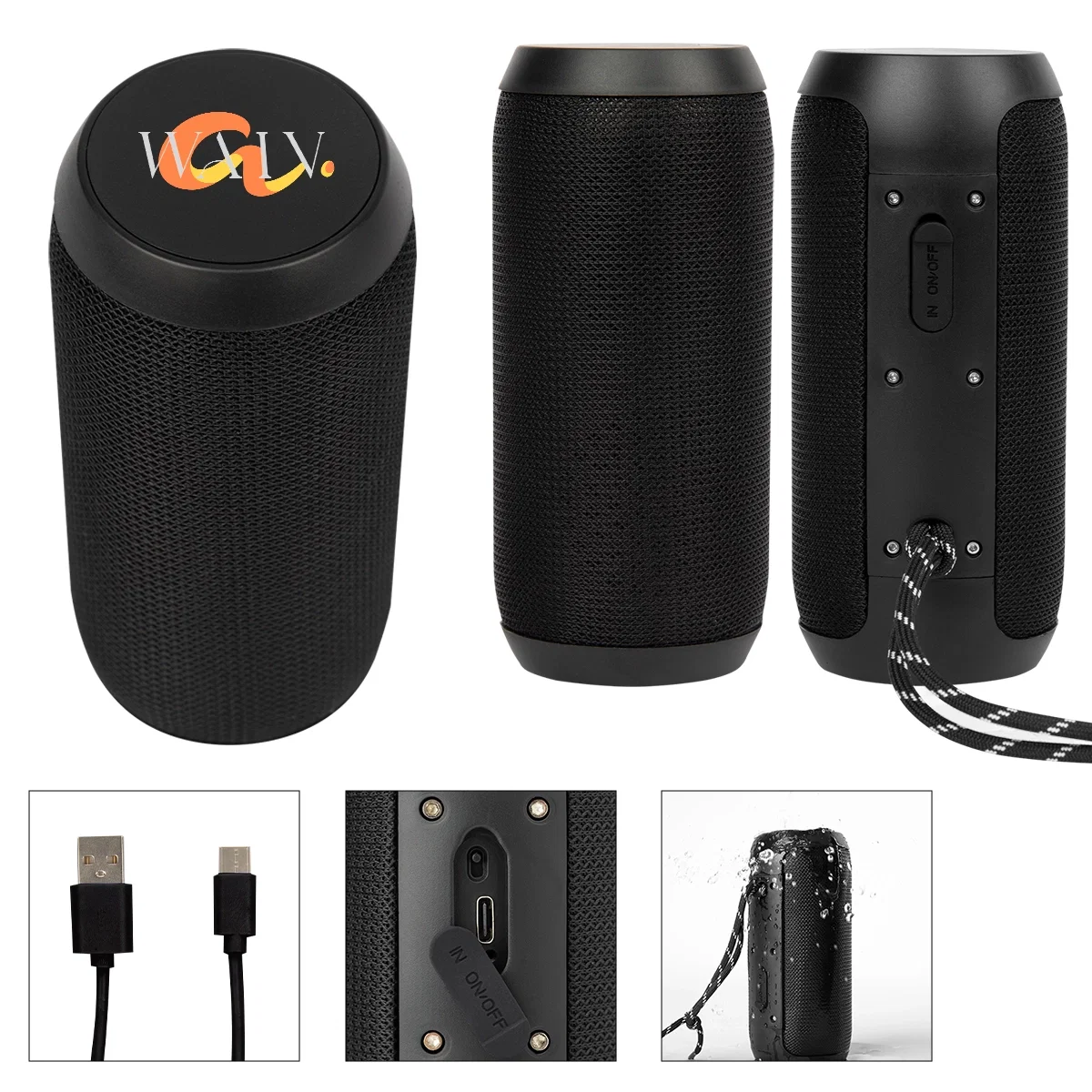 Black waterproof speaker tower standing just over six inches tall