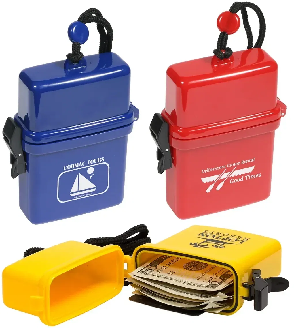 Waterproof custom storage case with lanyard, branded phone case for pools and beaches, front view
