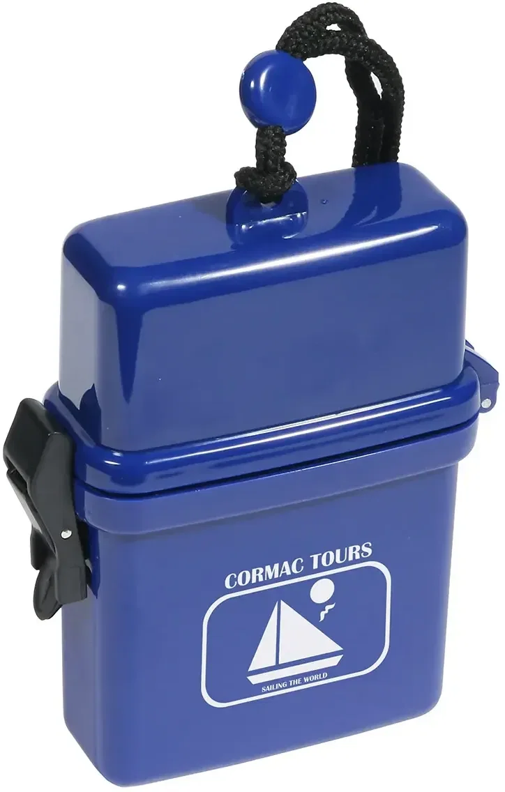 Custom waterproof storage case open showing clasping latch, branded promotional case detail