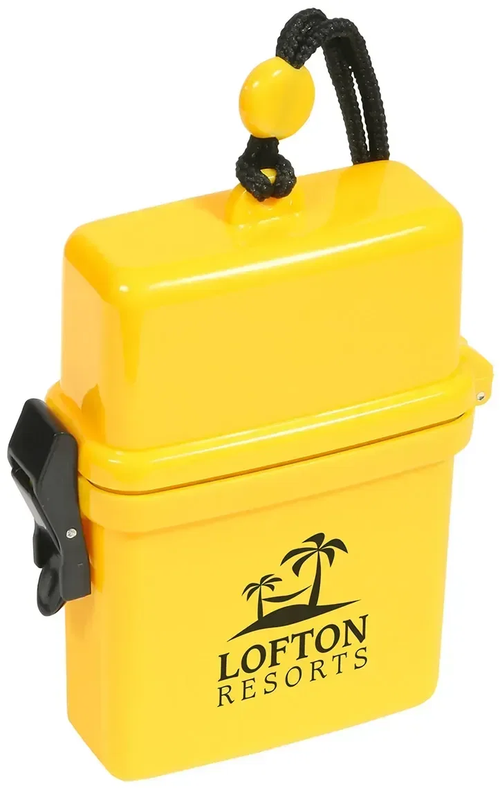 Promotional waterproof storage case worn on lanyard around the neck, custom branded case shot