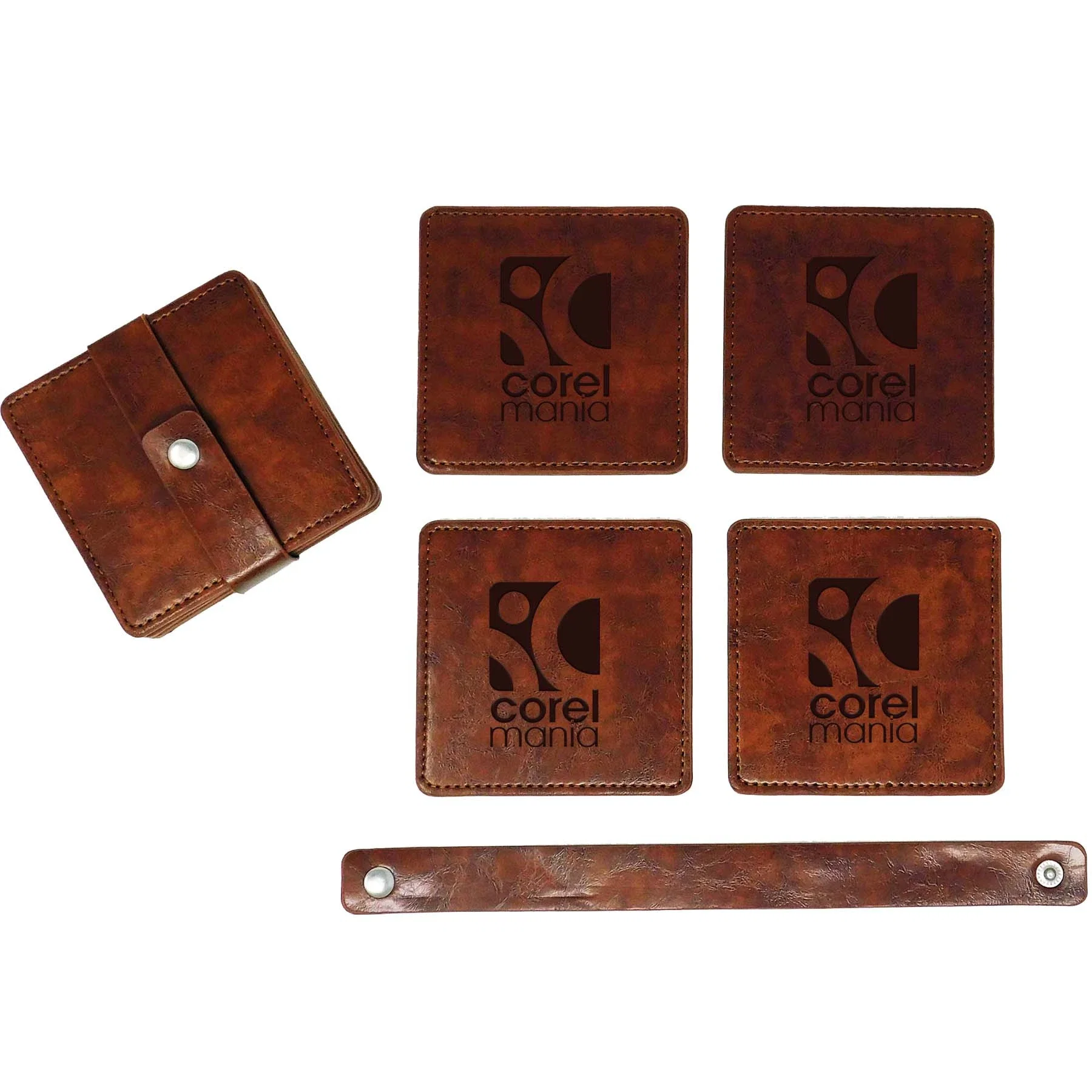 Watson Square PU Leather Coaster: 4 piece Set in Holder — view 2
