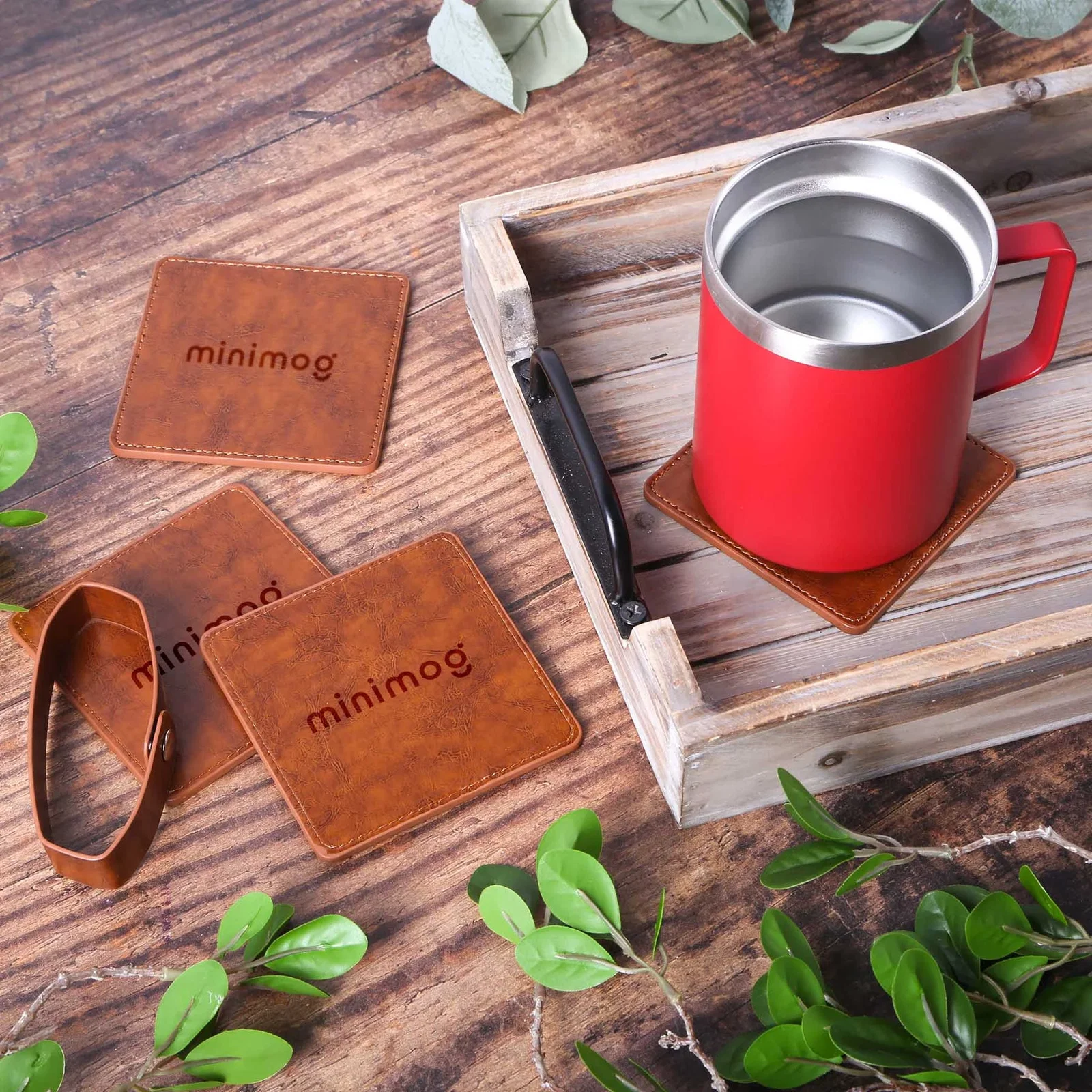 Watson Square PU Leather Coaster: 4 piece Set in Holder — view 5