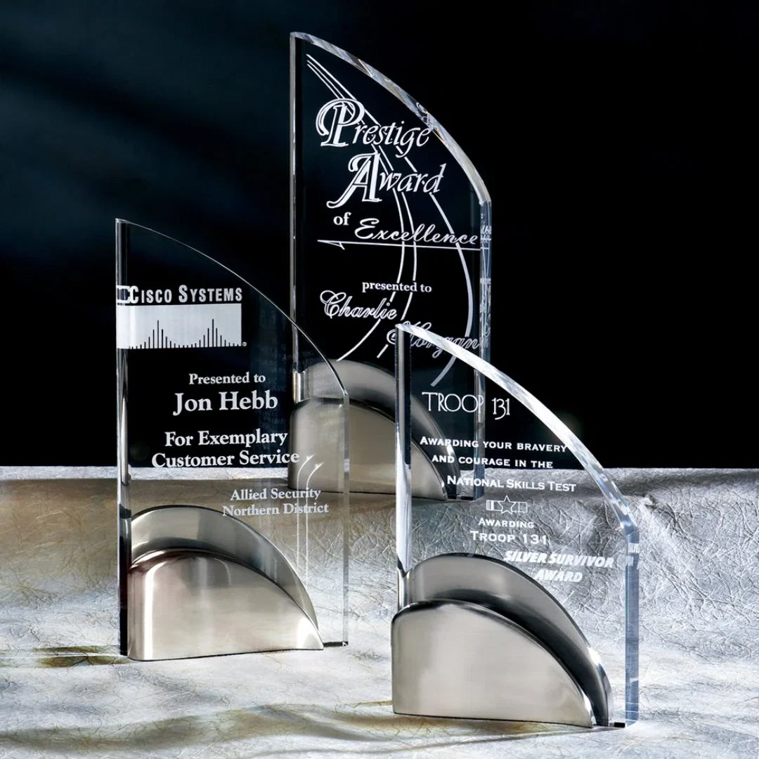 Custom Acrylic Wave Award with Contoured Satin Nickel Base for employee recognition