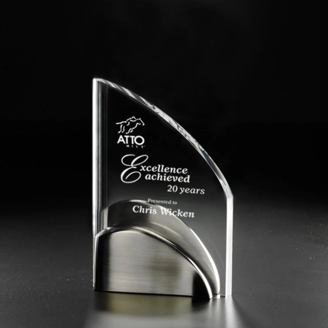 Custom Acrylic Wave Award with Contoured Satin Nickel Base for corporate award ceremonies