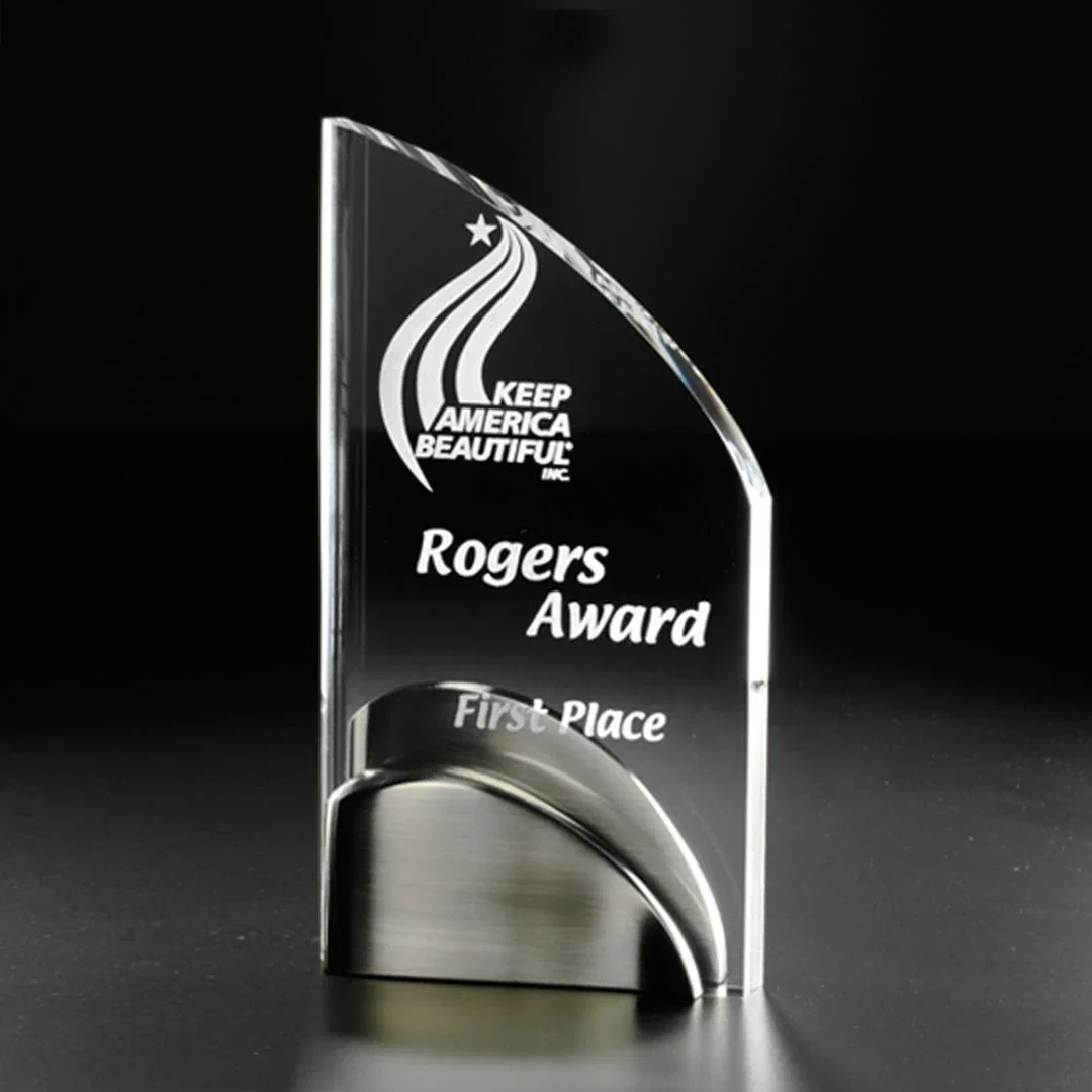 Custom Acrylic Wave Award with Contoured Satin Nickel Base for service anniversary gifts