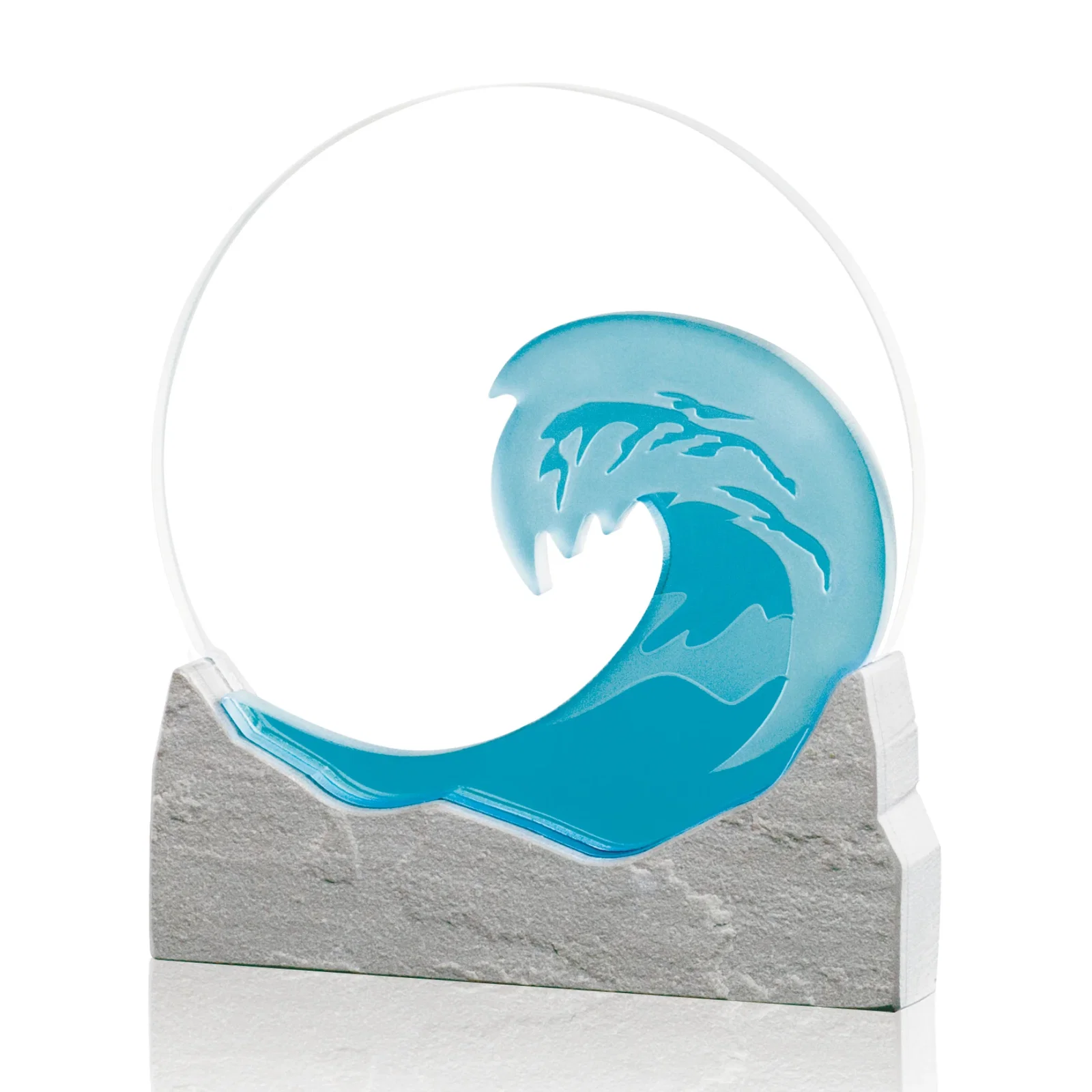 Custom Starfire Crystal and Sandstone Wave Award with a Teal Glass Accent, marble for corporate award ceremonies