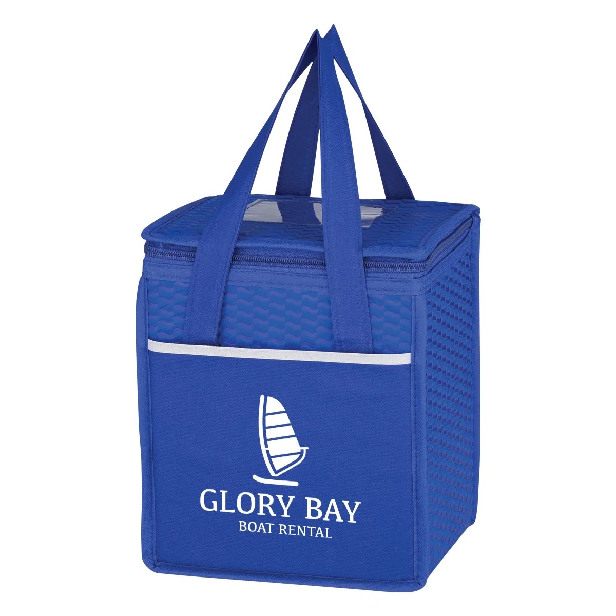 Non-woven cooler lunch bag with a wave pattern across its front