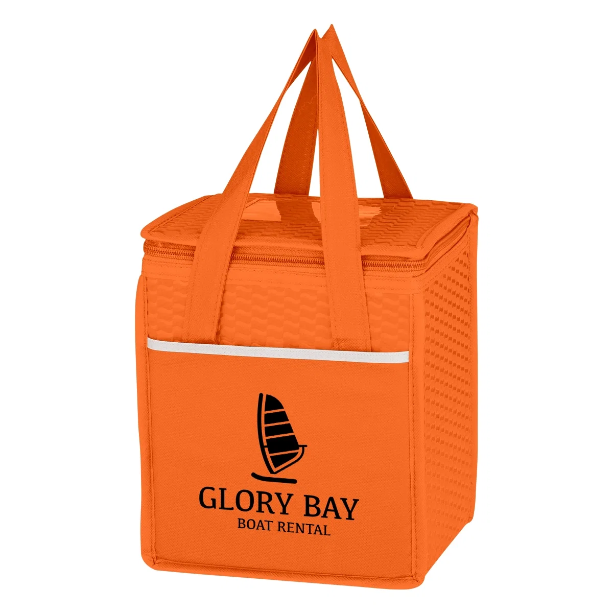 Angled view of the bag standing on a table