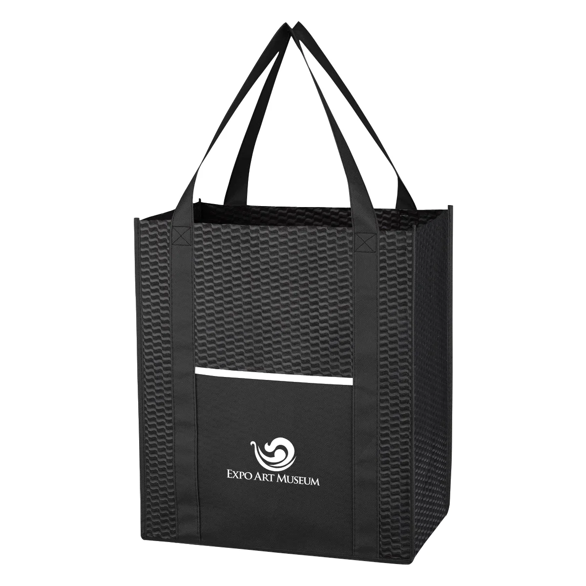 Black shopper tote printed with a flowing wave design