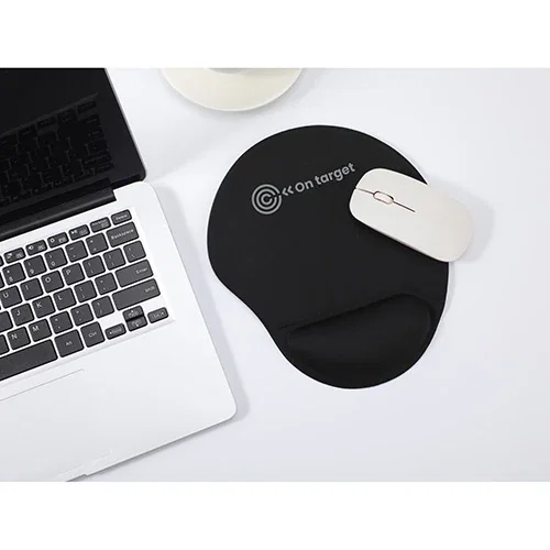 Custom Wave gel wrist rest mouse pad, corner detail of branded promotional gel desk pad
