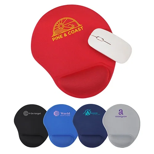 Promotional Wave gel wrist rest mouse pad, overhead flat lay of custom branded logo pad