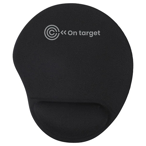 Branded Wave mouse pad with gel wrist rest, angled view of custom promotional desk pad