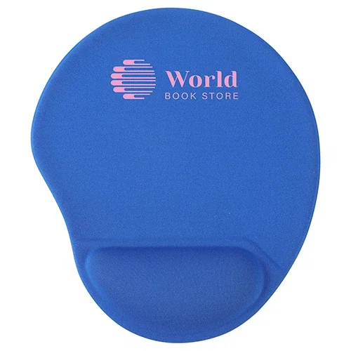 Custom Wave gel wrist rest mouse pad in use with a mouse, branded promotional desk pad