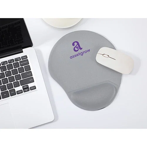Branded Wave gel wrist rest mouse pad, front edge view of custom promotional desk pad