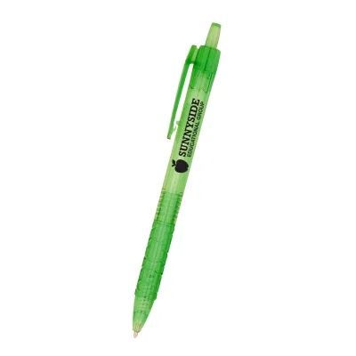 Translucent barrel pen with a black grip and clip