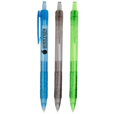 Blue version of the slim writing instrument angled upward