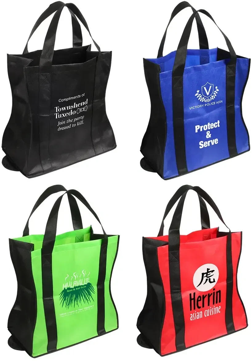 Wave Rider custom folding tote front view, branded non-woven shopping bag for grocery stores