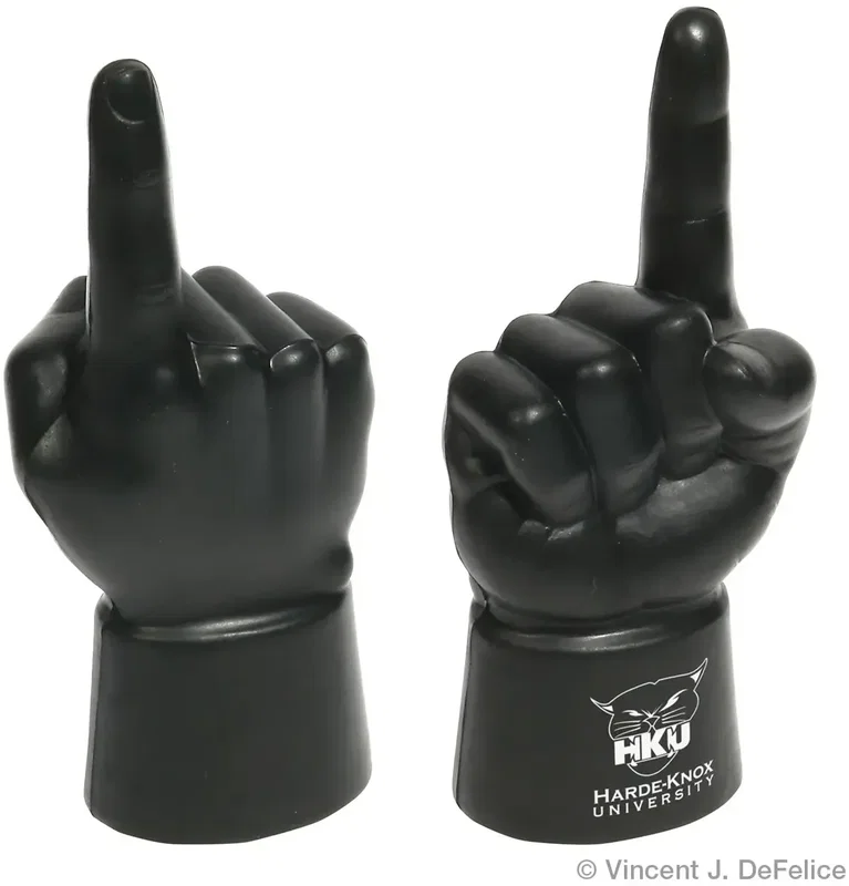 Branded Number One Foam Finger Stress Reliever, custom foam finger squeeze toy side view showing logo panel