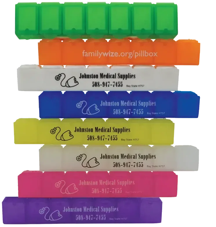 Weekly Pill Box 6". Weekly pill organizer with seven compartments for pharmacy medication management
