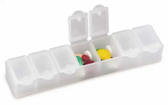 Weekly Pill Box 6". Weekly pill organizer with seven compartments for pharmacy medication management, view 4