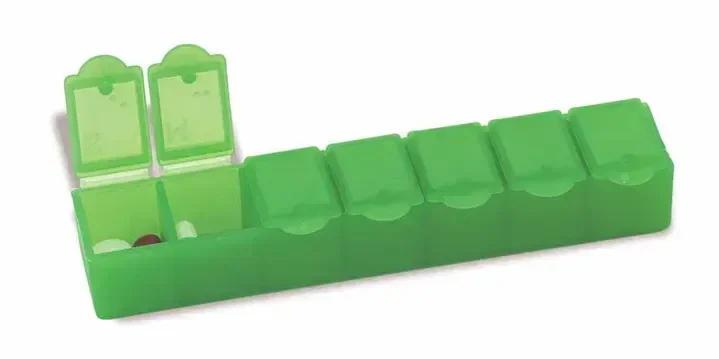 Weekly Pill Box 6". Weekly pill organizer with seven compartments for pharmacy medication management, view 5