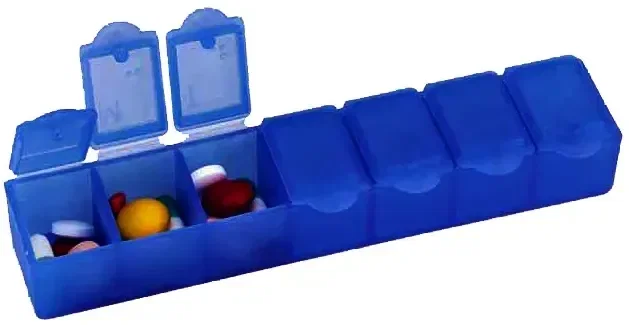 Weekly Pill Box 6". Weekly pill organizer with seven compartments for pharmacy medication management, view 6
