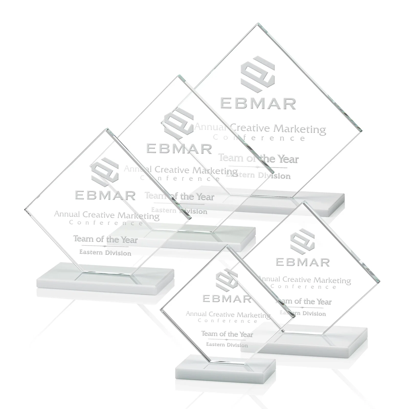 Custom Starfire Crystal Diamond Award on an Ivory Flat-Edge Base for employee recognition