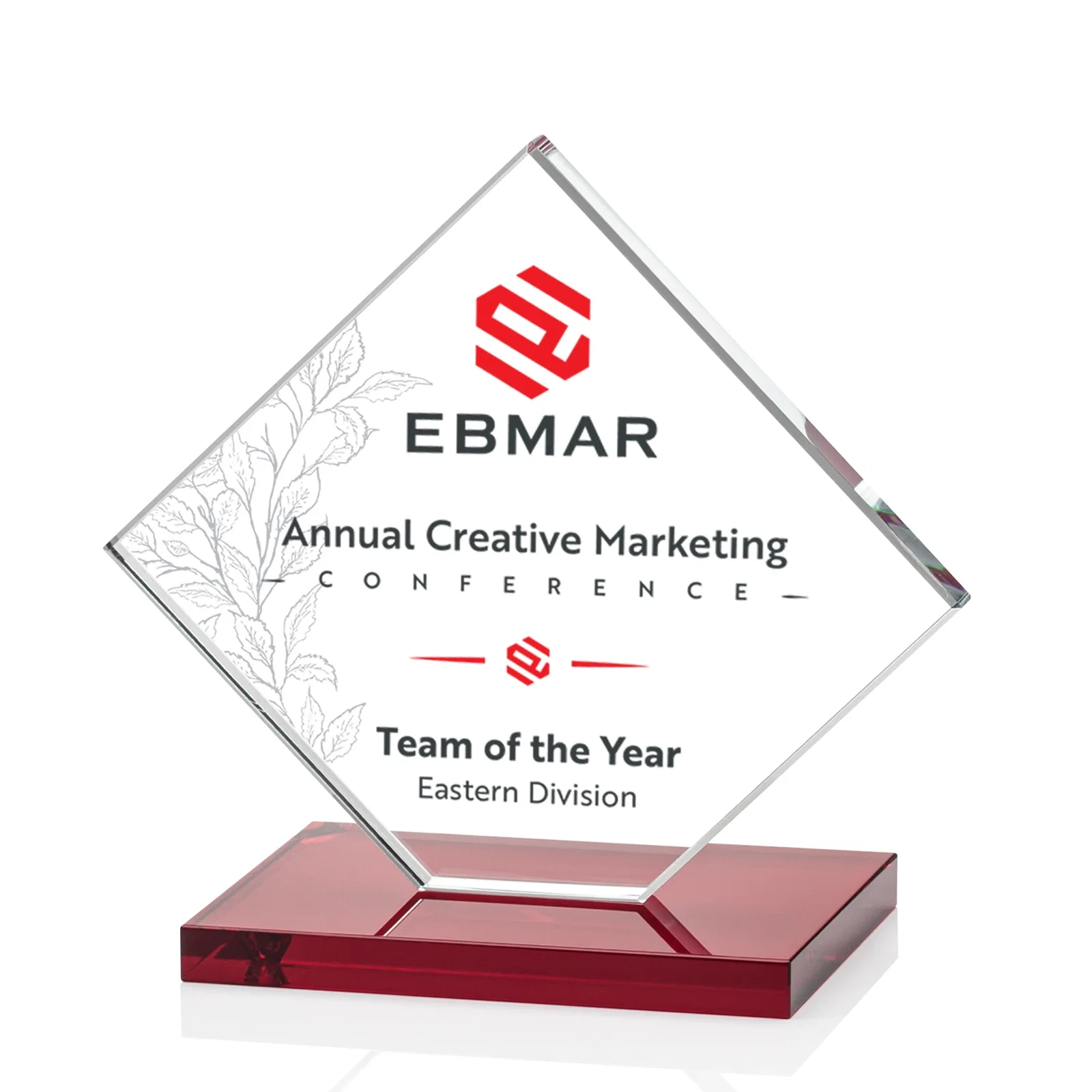 Custom Starfire Crystal Diamond Award on an Ivory Flat-Edge Base, with your logo for retirement presentations