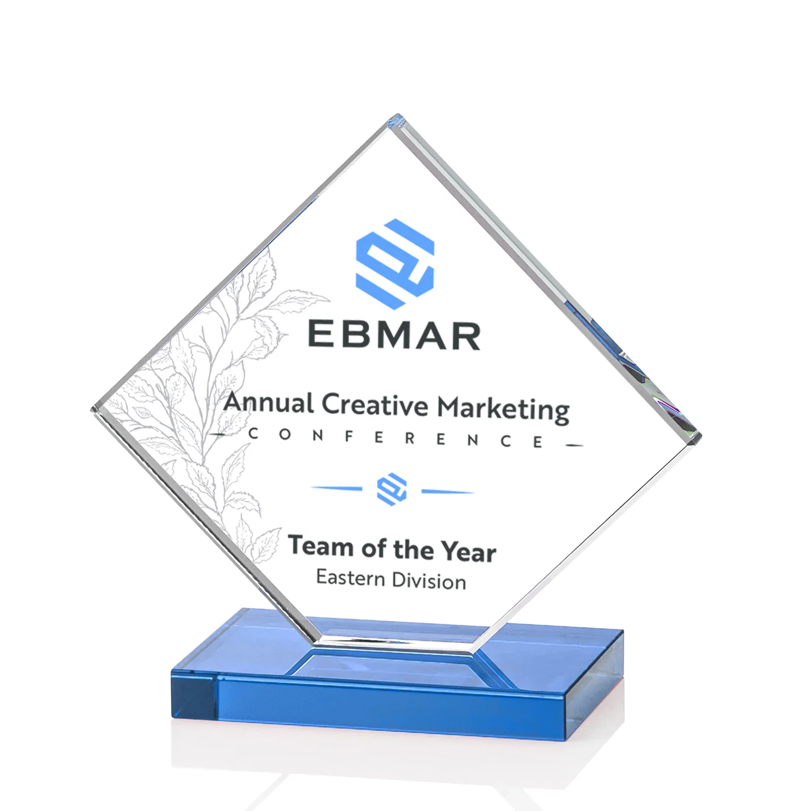 Custom Starfire Crystal Diamond Award on an Ivory Flat-Edge Base, with your logo for volunteer appreciation