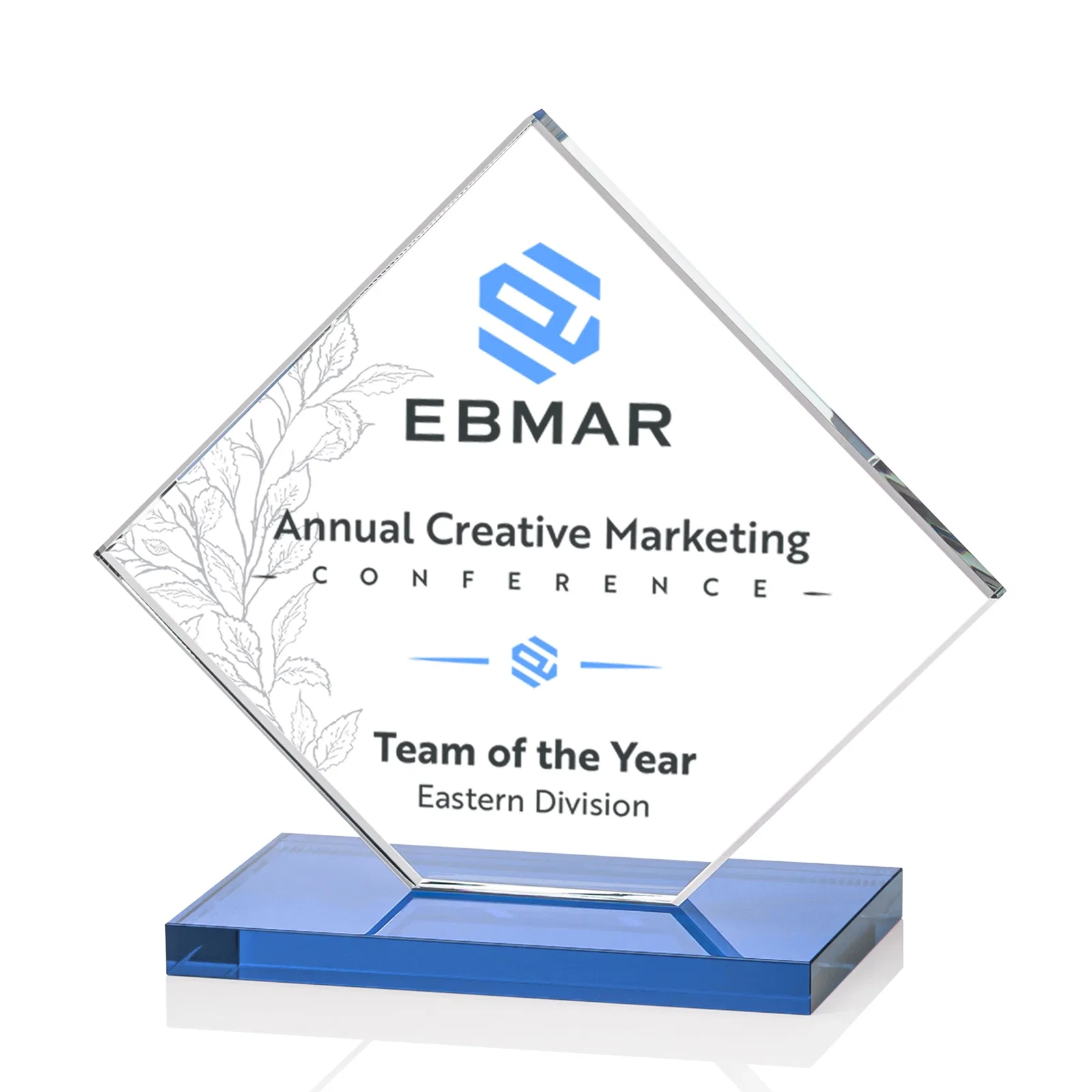Custom Starfire Crystal Diamond Award on an Ivory Flat-Edge Base, with your logo for company anniversary events