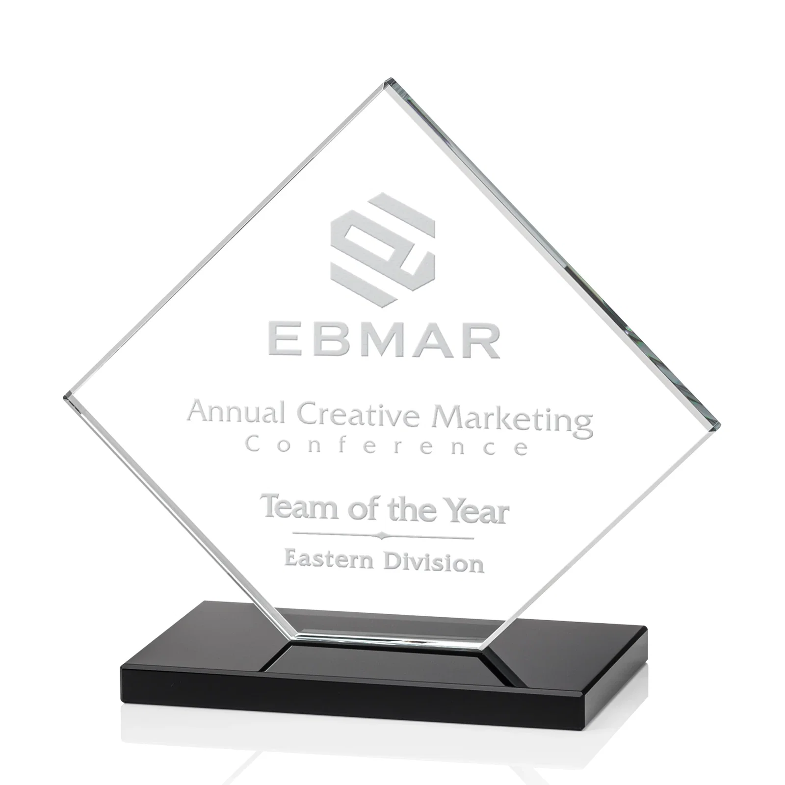 Custom Starfire Crystal Diamond Award on an Ivory Flat-Edge Base for dealer and partner awards