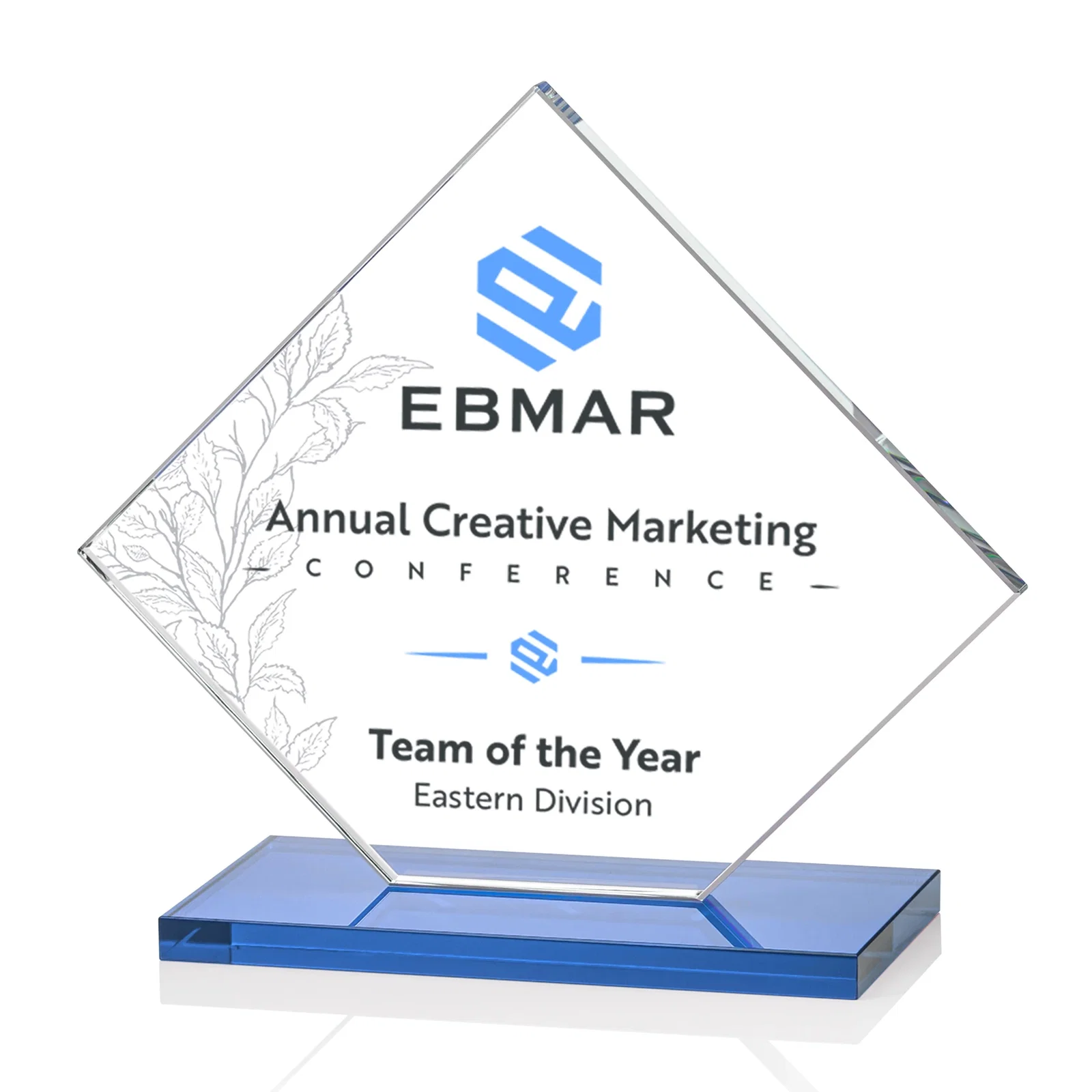Personalized Starfire Crystal Diamond Award on an Ivory Flat-Edge Base, with your logo for employee recognition