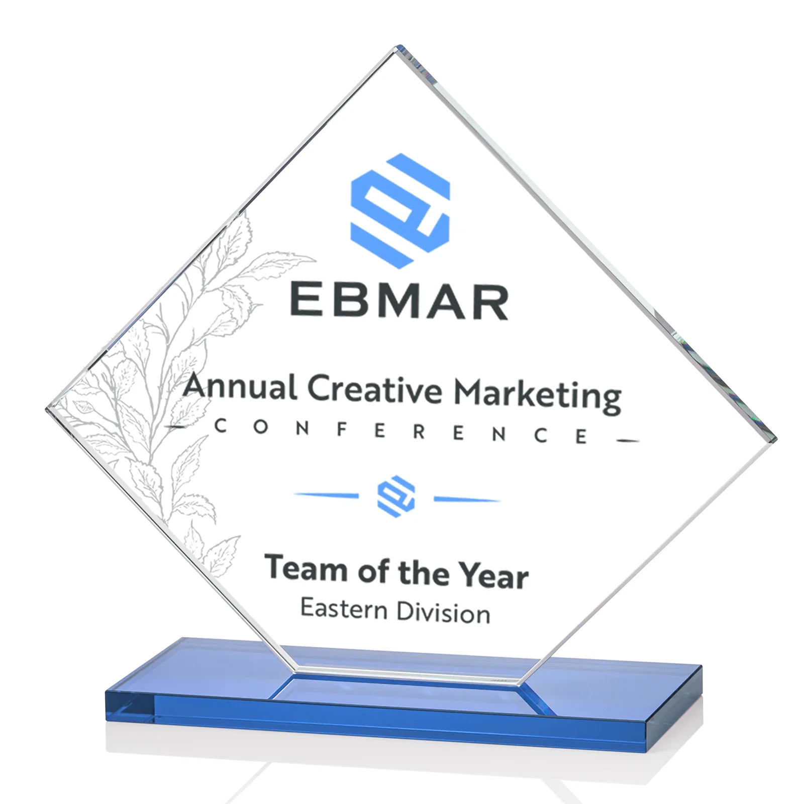 Personalized Starfire Crystal Diamond Award on an Ivory Flat-Edge Base, with your logo for corporate award ceremonies